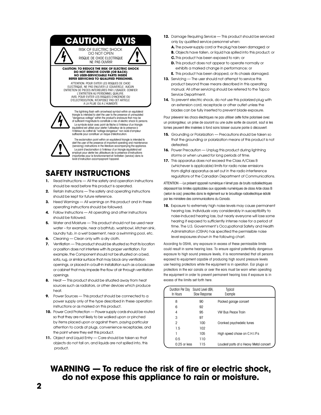 Tapco S8 manual Do not expose this appliance to rain or moisture 