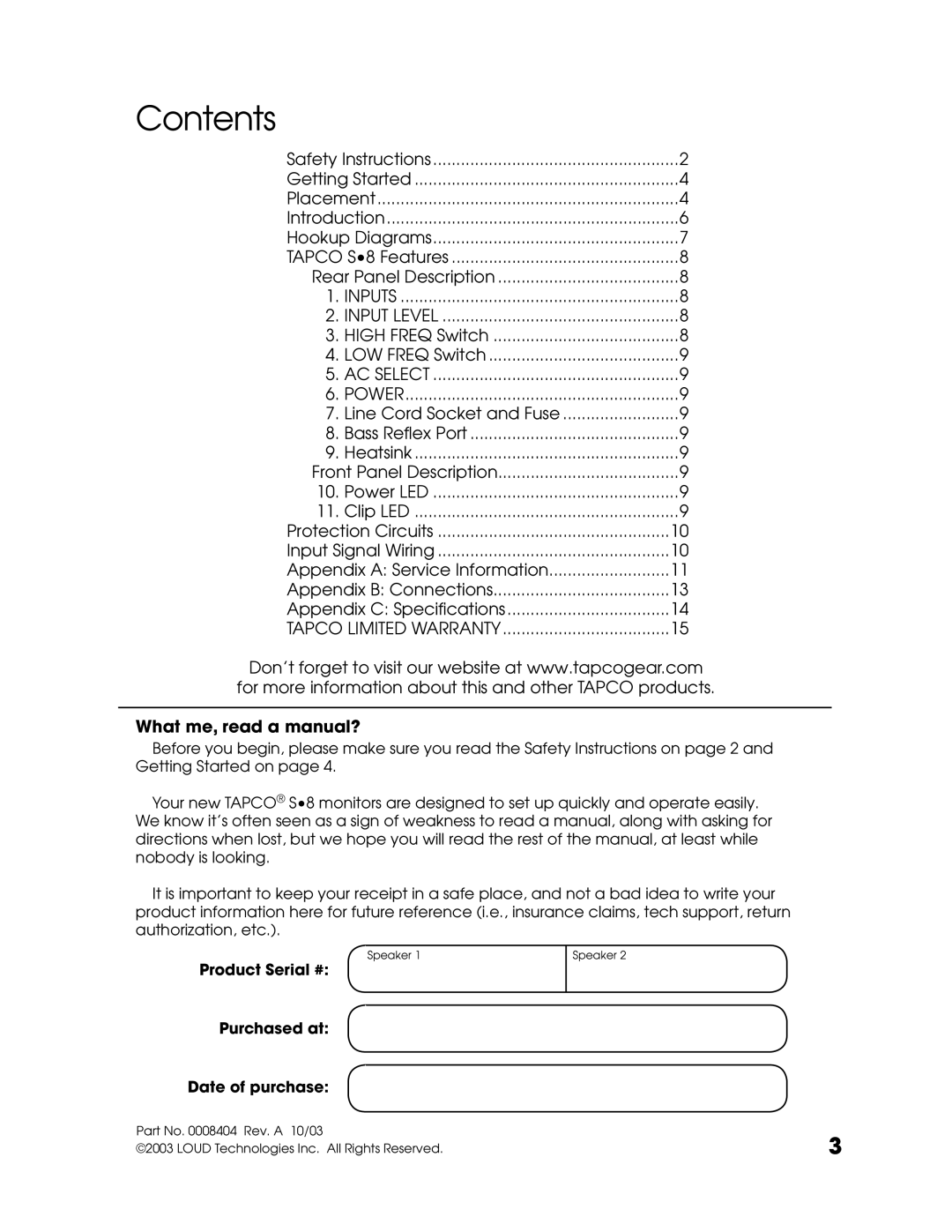 Tapco S8 manual Contents 