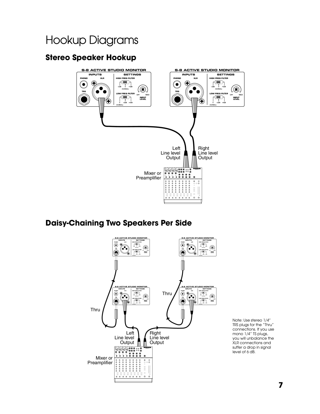 Tapco S8 manual Hookup Diagrams, Stereo Speaker Hookup 