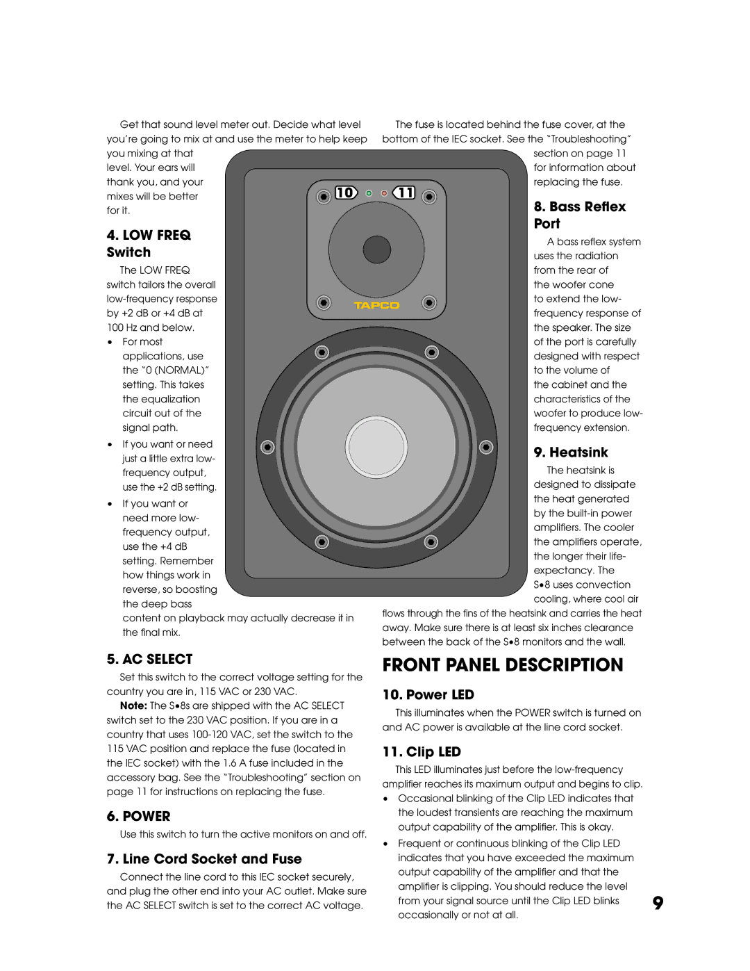 Tapco S8 manual AC Select, Power 