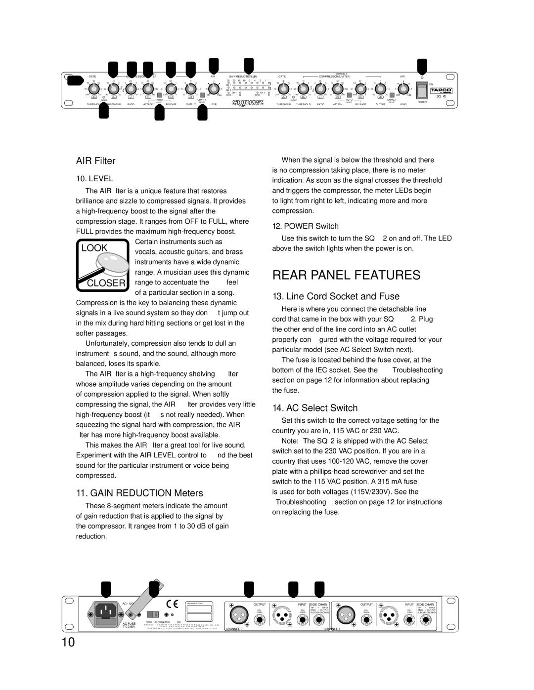 Tapco SQ2 manual Rear Panel Features, Closer 