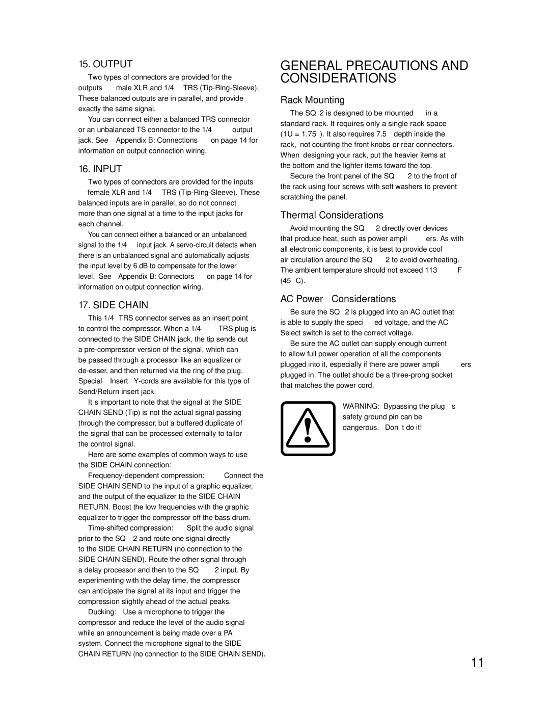 Tapco SQ2 manual General Precautions and Considerations, Output, Input, Side Chain 