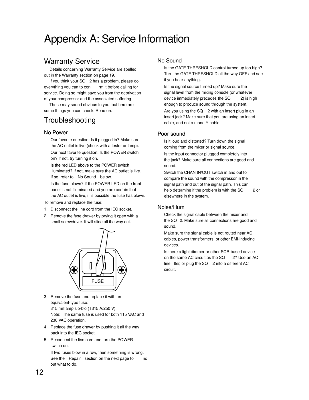 Tapco SQ2 manual Appendix a Service Information, Warranty Service, Troubleshooting 