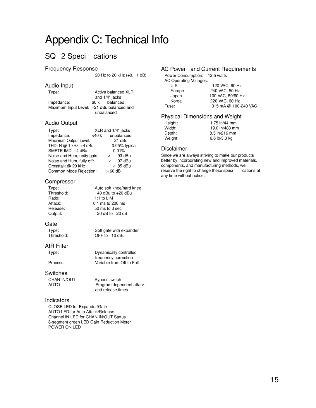 Tapco manual Appendix C Technical Info, SQ2 Speciﬁcations 