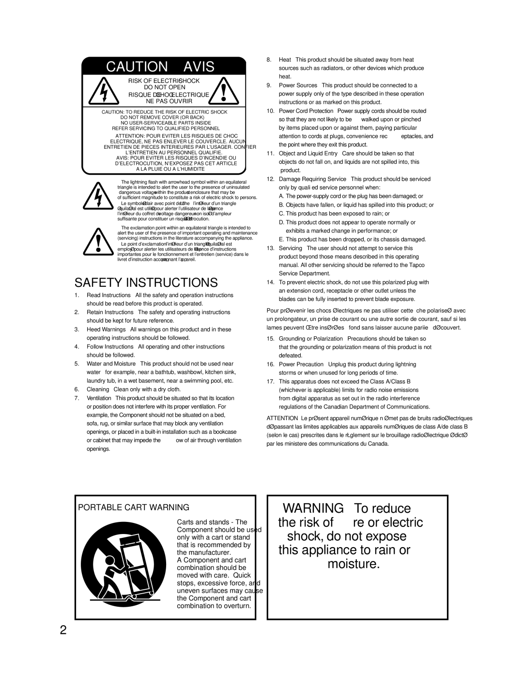 Tapco SQ2 manual Safety Instructions, Portable Cart Warning 