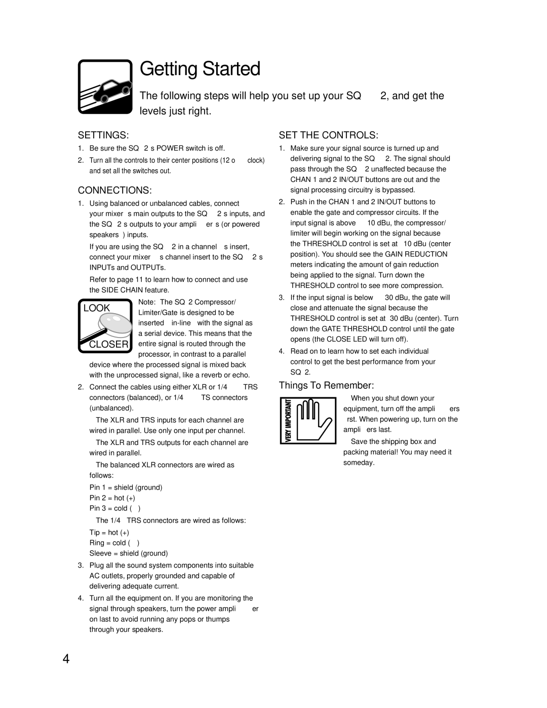 Tapco SQ2 manual Getting Started, Settings, Connections, Look, SET the Controls 