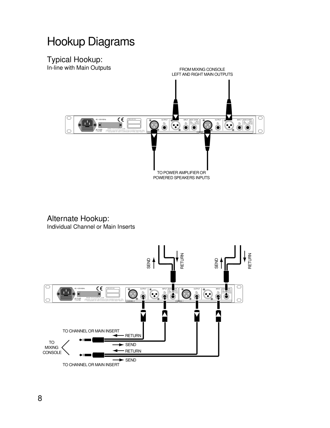 Tapco SQ2 Hookup Diagrams, Typical Hookup, Alternate Hookup, In-line with Main Outputs, Individual Channel or Main Inserts 