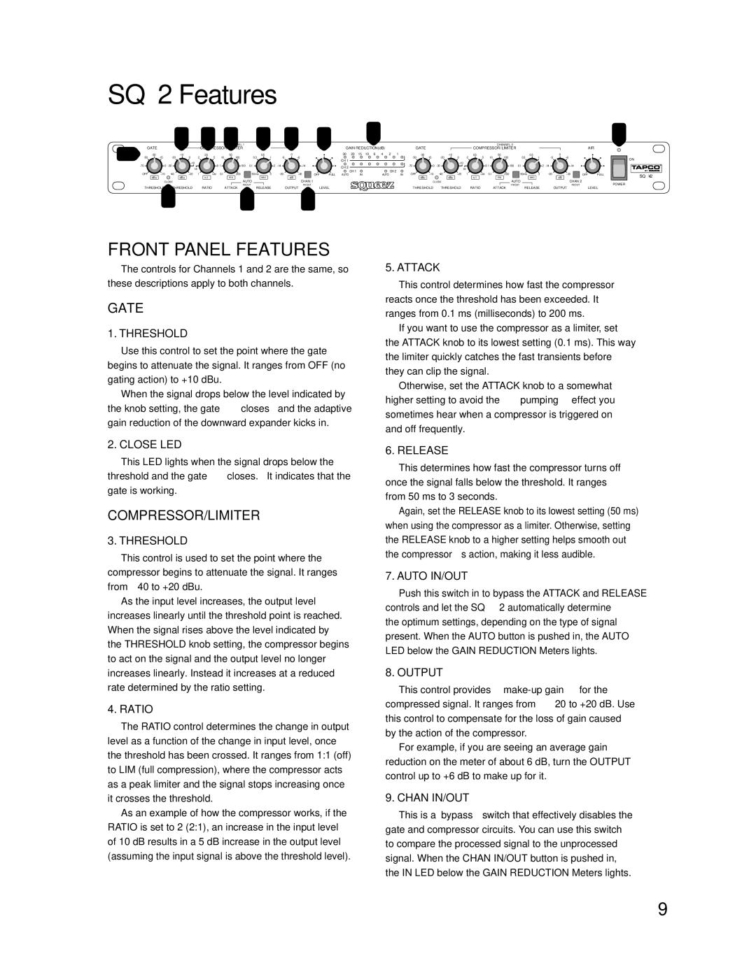 Tapco manual SQ2 Features, Front Panel Features, Gate, Compressor/Limiter 