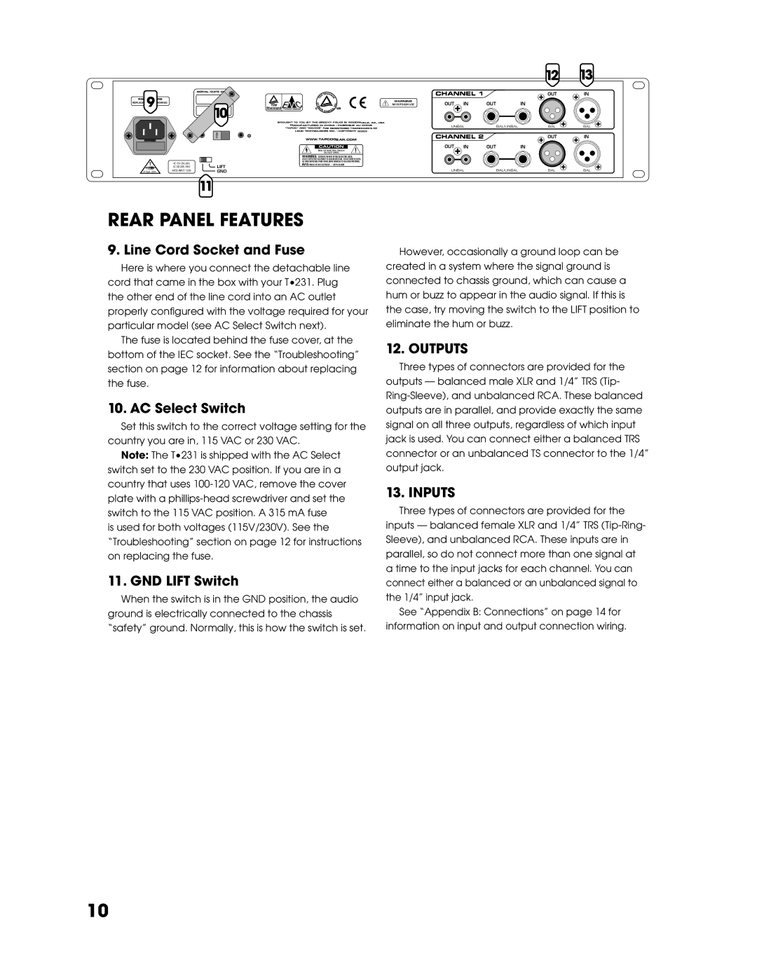 Tapco T-231 user service Rear Panel Features, Line Cord Socket and Fuse, AC Select Switch, GND Lift Switch 