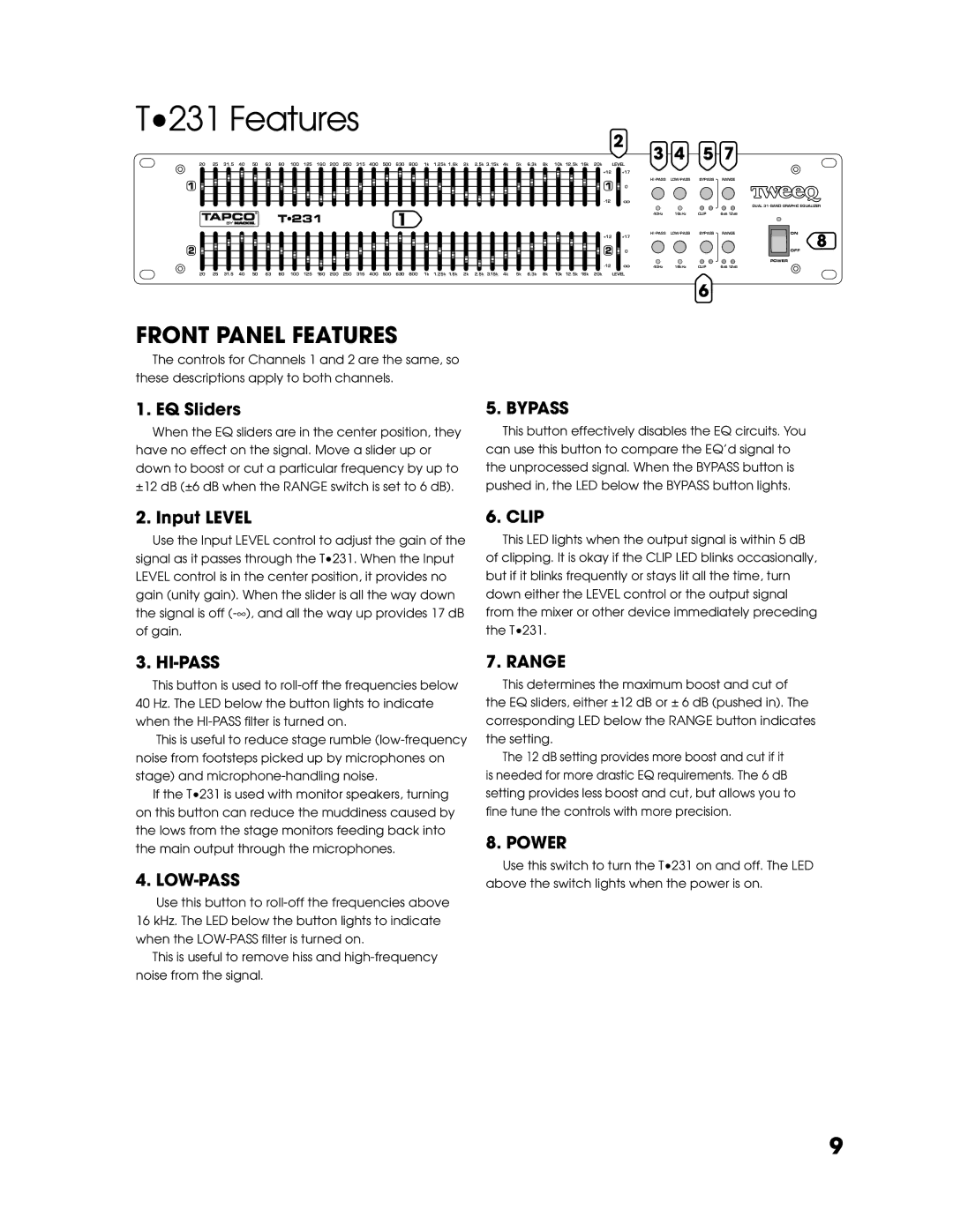Tapco T-231 user service T231 Features, Front Panel Features, EQ Sliders, Input Level 