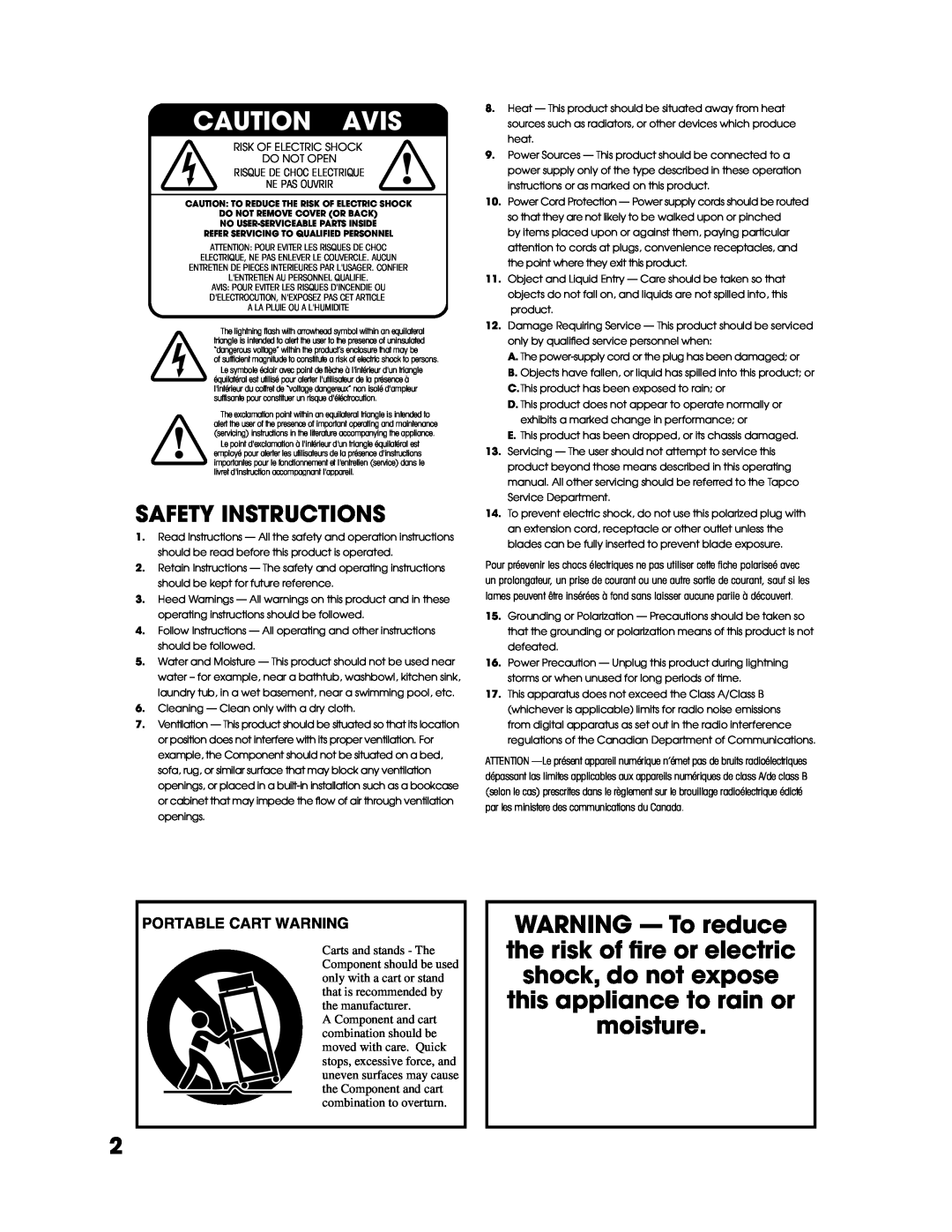 Tapco T-231 user service Safety Instructions, Caution Avis, Portable Cart Warning 