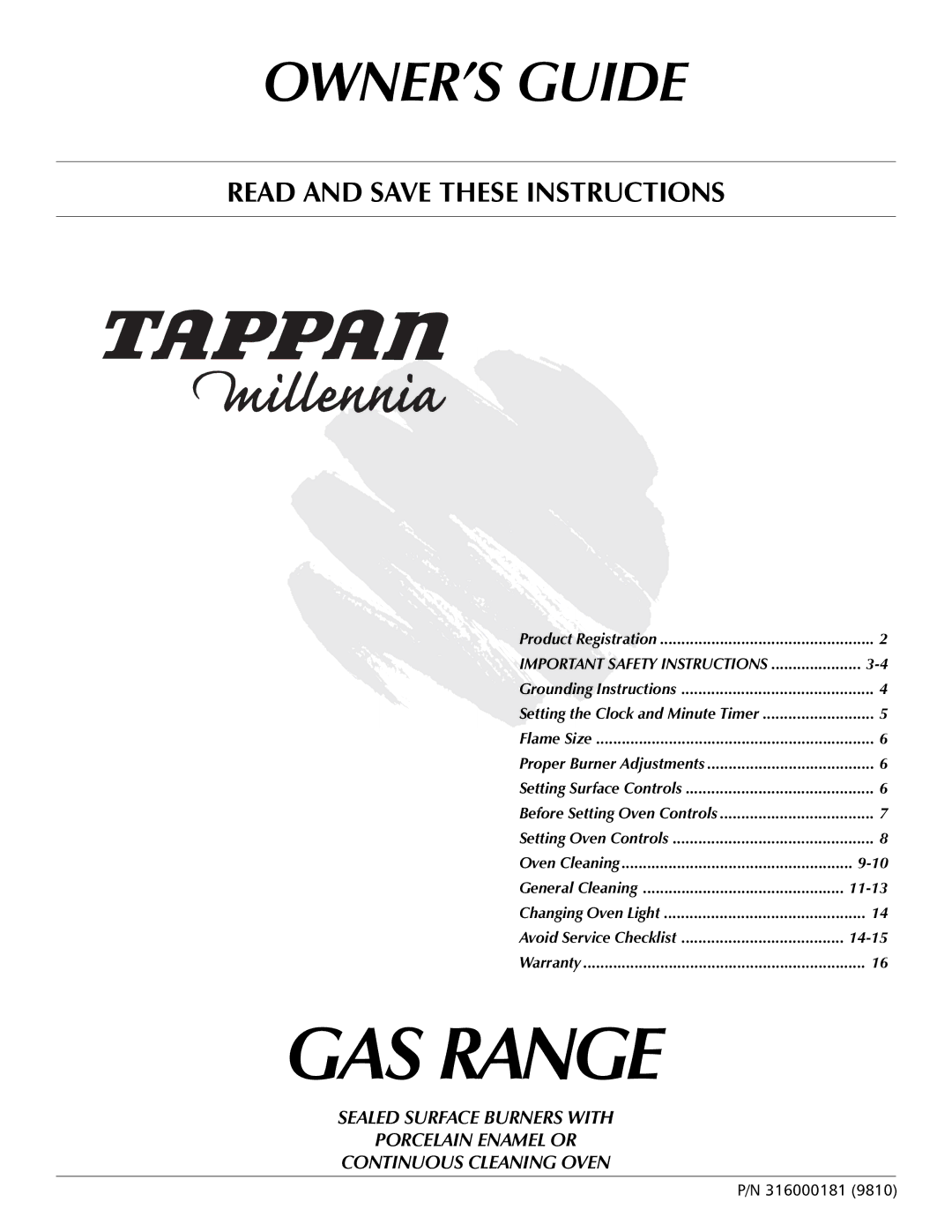 Tappan 316000181 important safety instructions GAS Range 