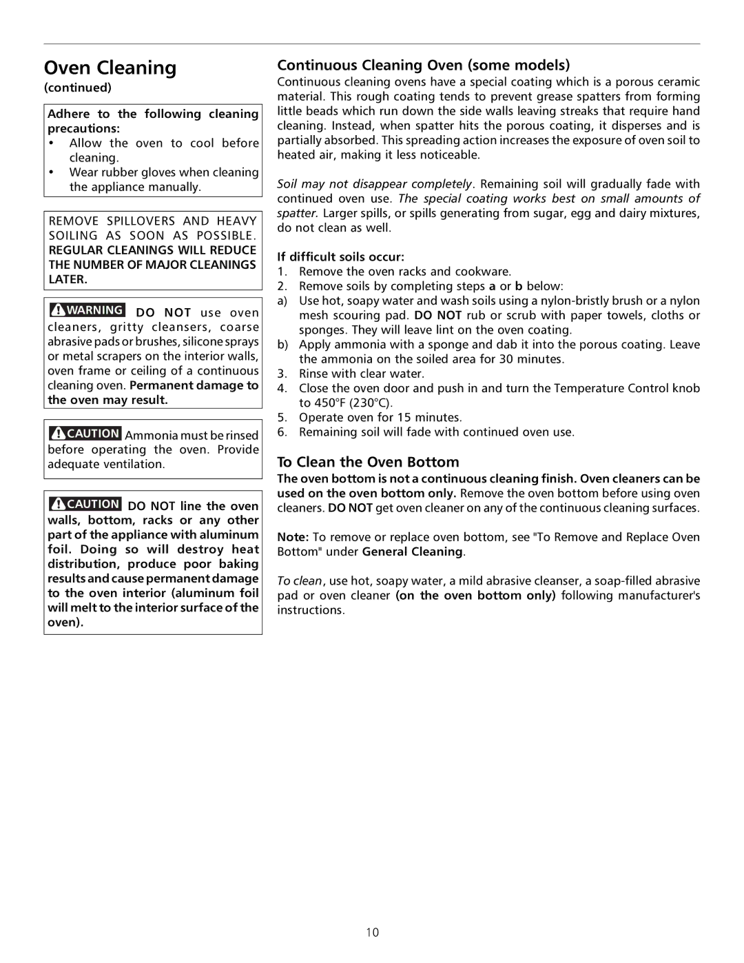 Tappan 316000181 important safety instructions Continuous Cleaning Oven some models, If difficult soils occur 