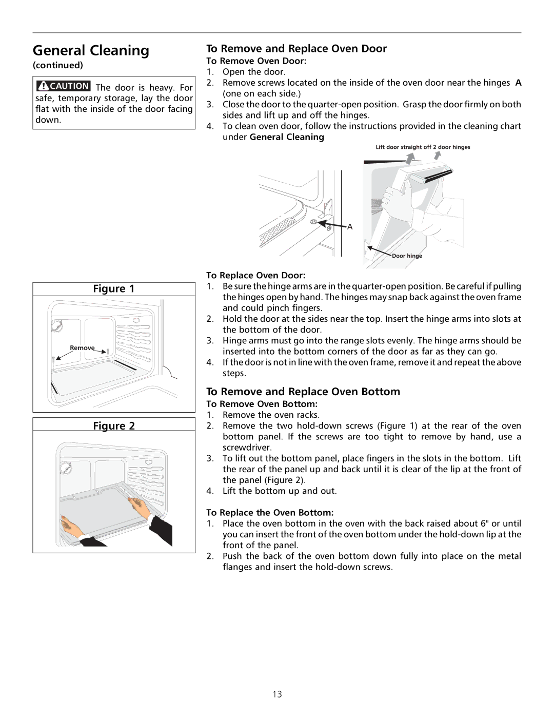 Tappan 316000181 important safety instructions To Remove and Replace Oven Door, To Remove and Replace Oven Bottom 