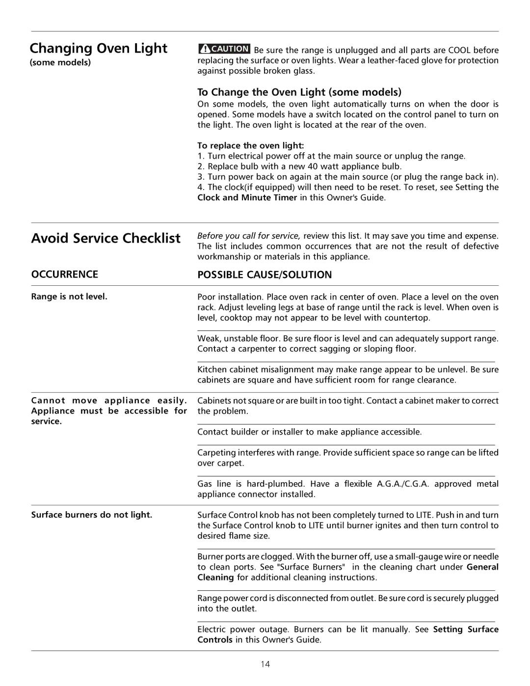 Tappan 316000181 Changing Oven Light, Avoid Service Checklist, To Change the Oven Light some models 