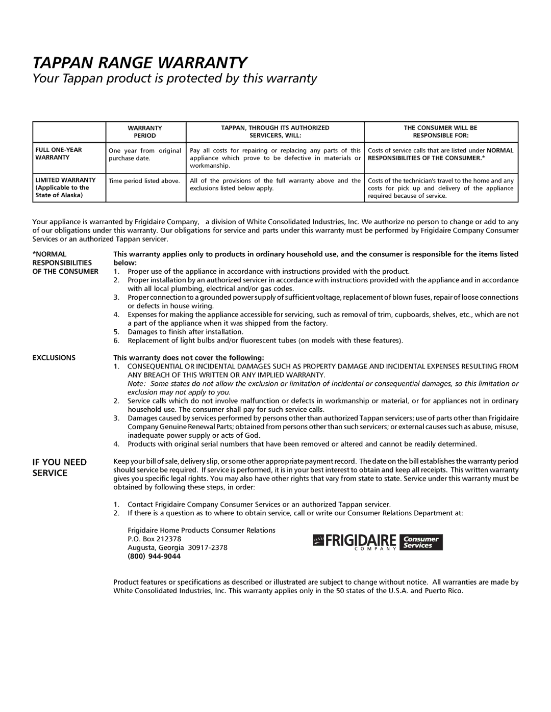 Tappan 316000181 important safety instructions Tappan Range Warranty 