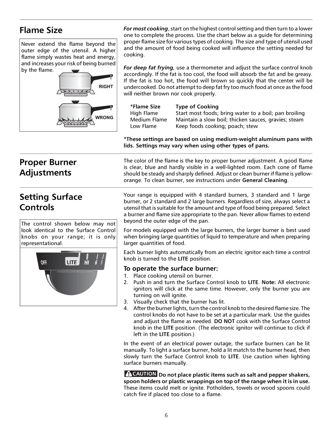 Tappan 316000181 Flame Size, Proper Burner Adjustments, Setting Surface Controls, To operate the surface burner 