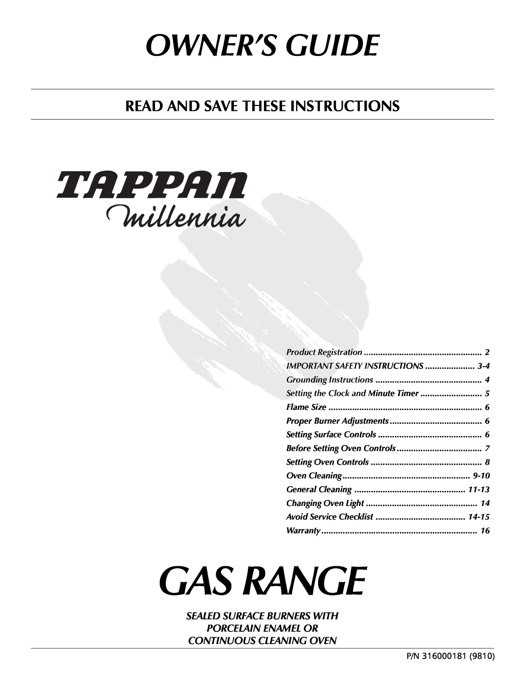 Tappan 316000181 important safety instructions Gas Range, Owner’S Guide, Read And Save These Instructions, 9-10, 11-13 