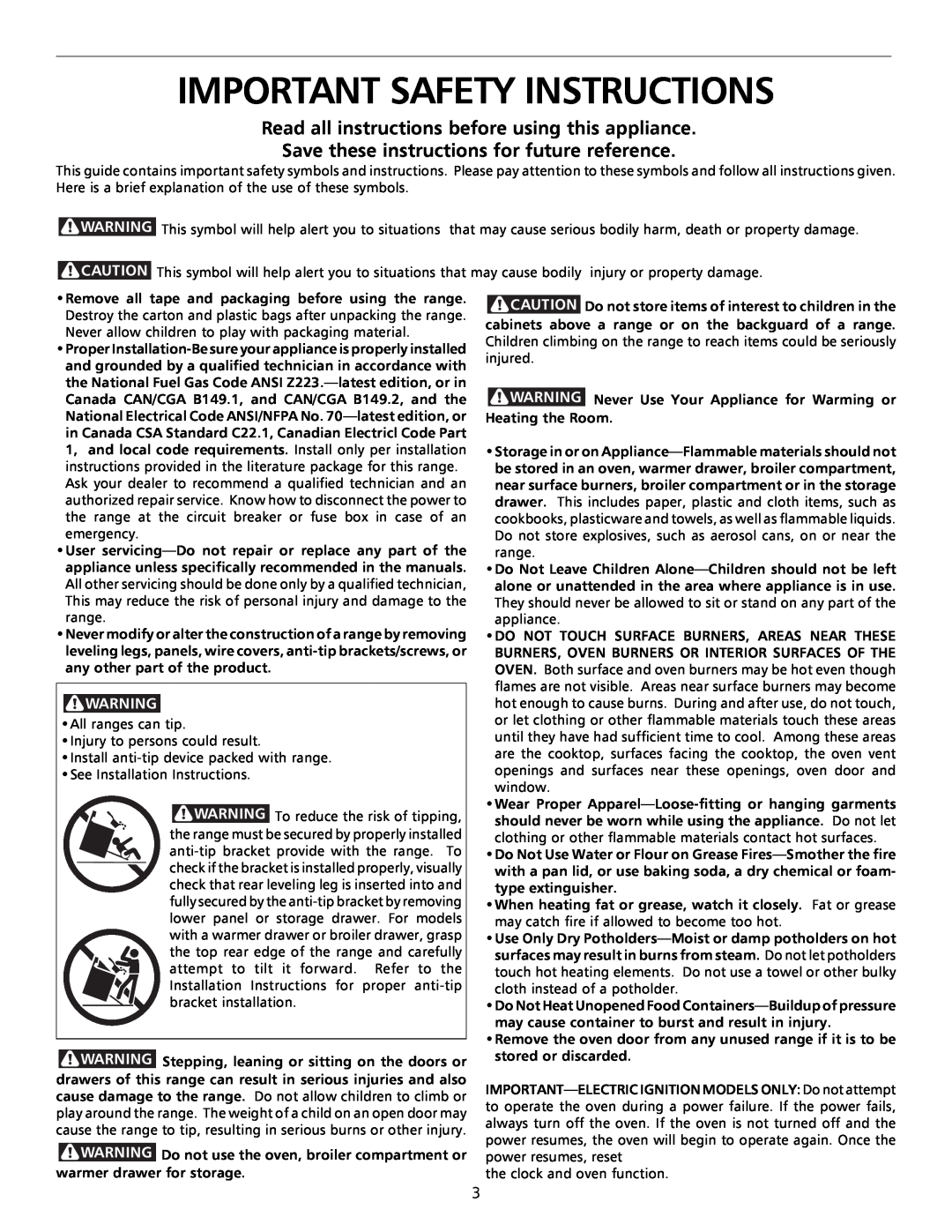 Tappan 316000181 Important Safety Instructions, Read all instructions before using this appliance 