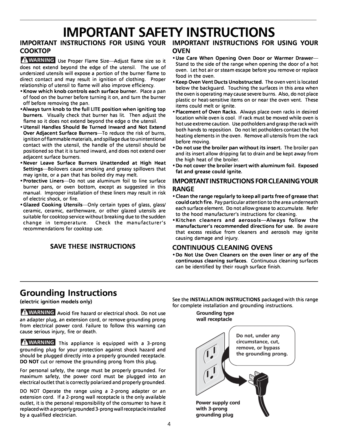 Tappan 316000181 Grounding Instructions, Important Instructions For Using Your Cooktop, Save These Instructions 