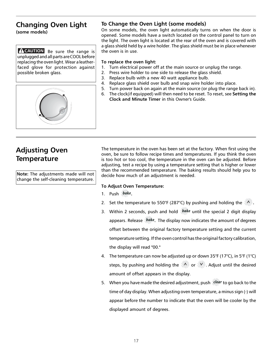 Tappan 316000182 Changing Oven Light, Adjusting Oven Temperature, To Change the Oven Light some models 