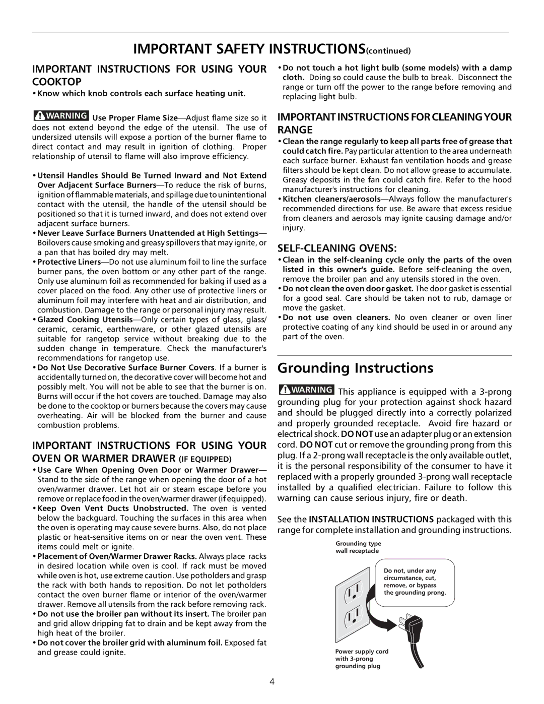 Tappan 316000182 important safety instructions Important Safety Instructions, Grounding Instructions 