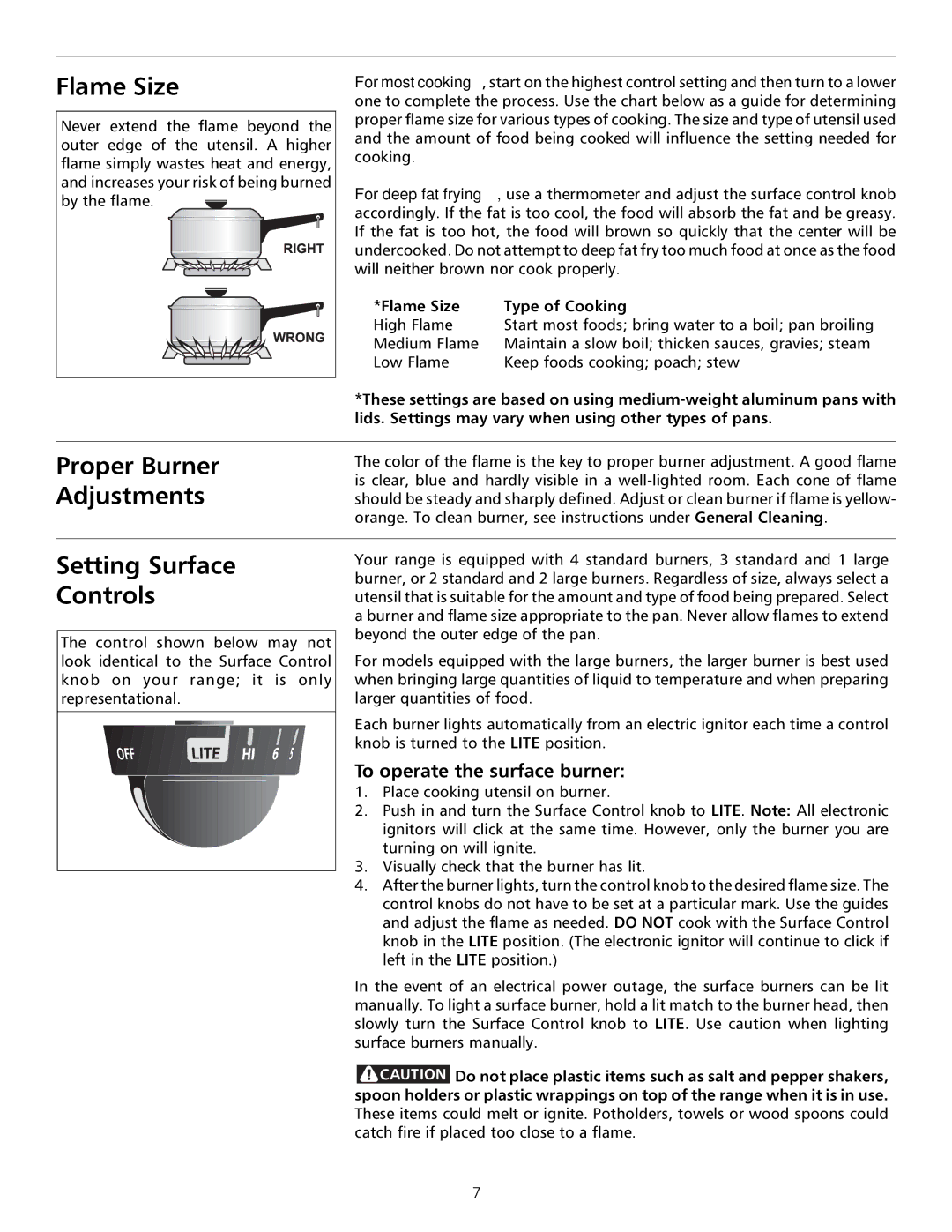 Tappan 316000182 Flame Size, Proper Burner Adjustments, Setting Surface Controls, To operate the surface burner 