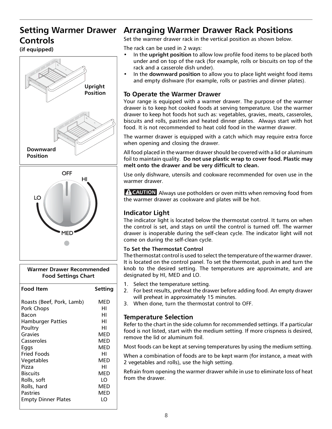 Tappan 316000182 Setting Warmer Drawer Controls, Arranging Warmer Drawer Rack Positions, To Operate the Warmer Drawer 