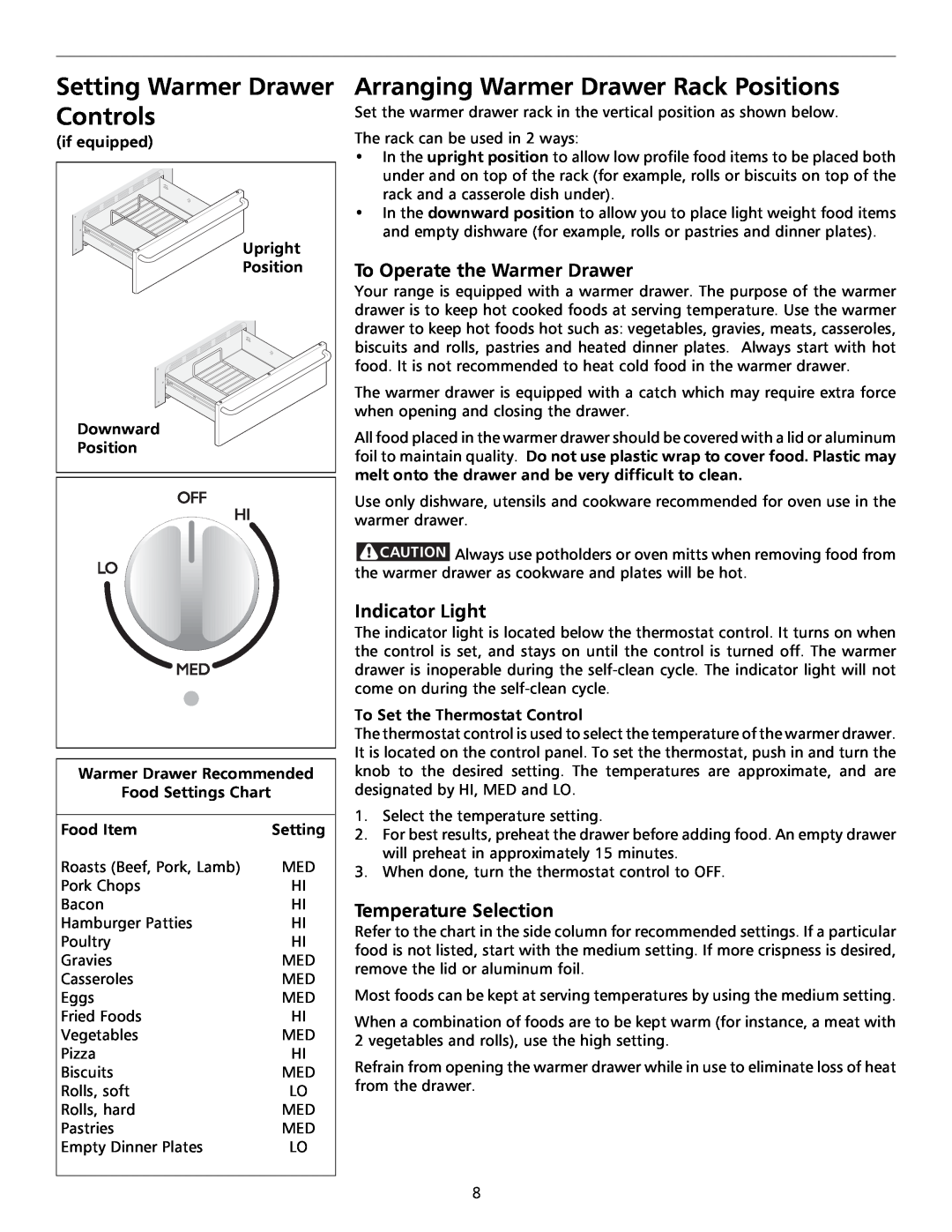 Tappan 316000182 Setting Warmer Drawer Controls, Arranging Warmer Drawer Rack Positions, To Operate the Warmer Drawer 