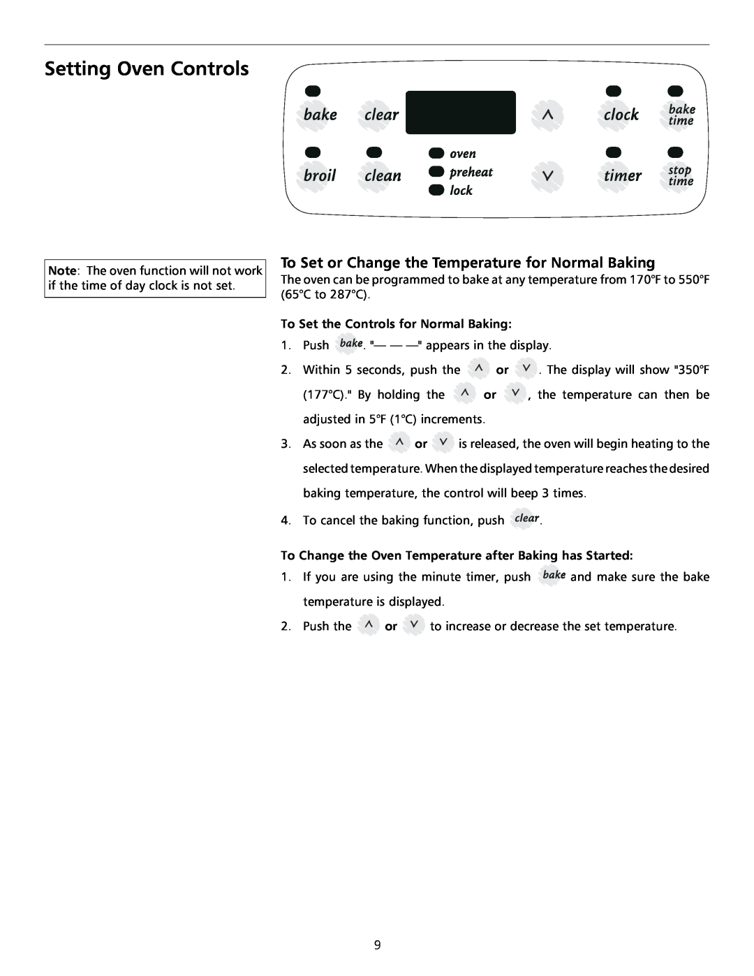 Tappan 316000182 important safety instructions Setting Oven Controls, To Set or Change the Temperature for Normal Baking 