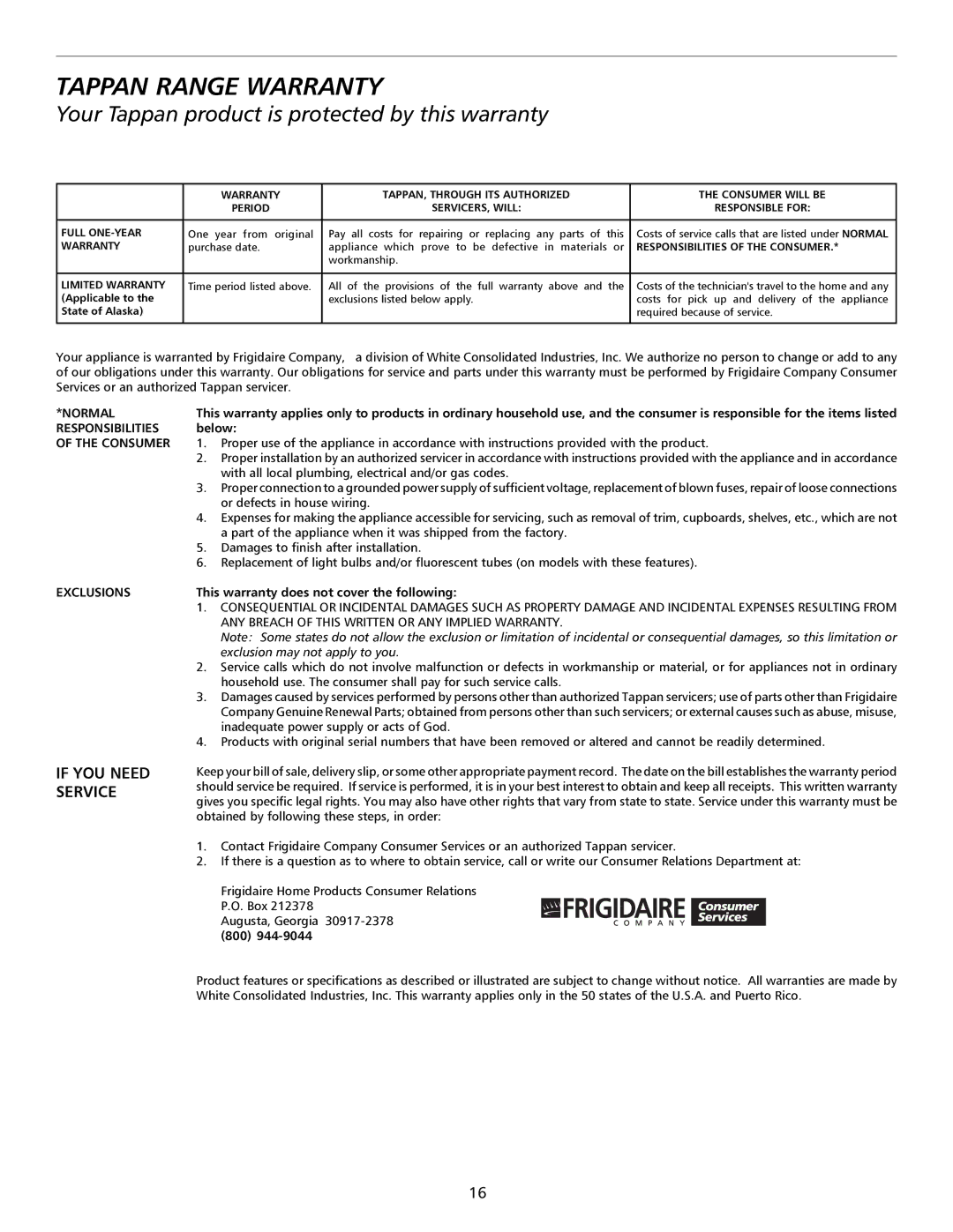 Tappan 316000189 important safety instructions Tappan Range Warranty 