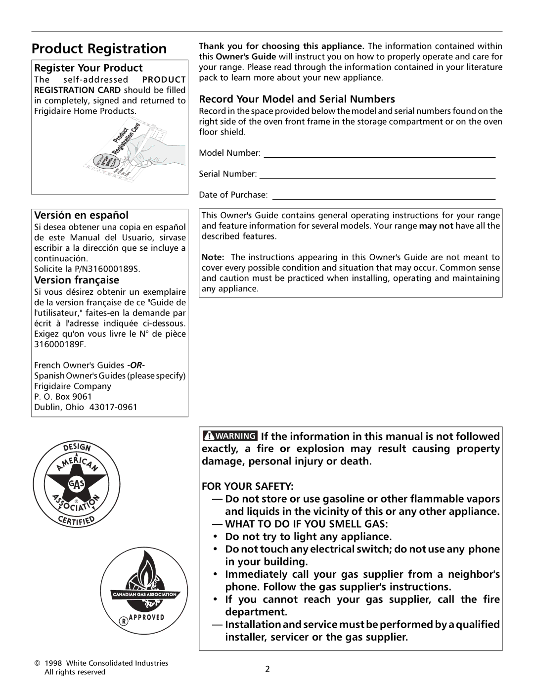 Tappan 316000189 Product Registration, Register Your Product, Versión en español, Version française 