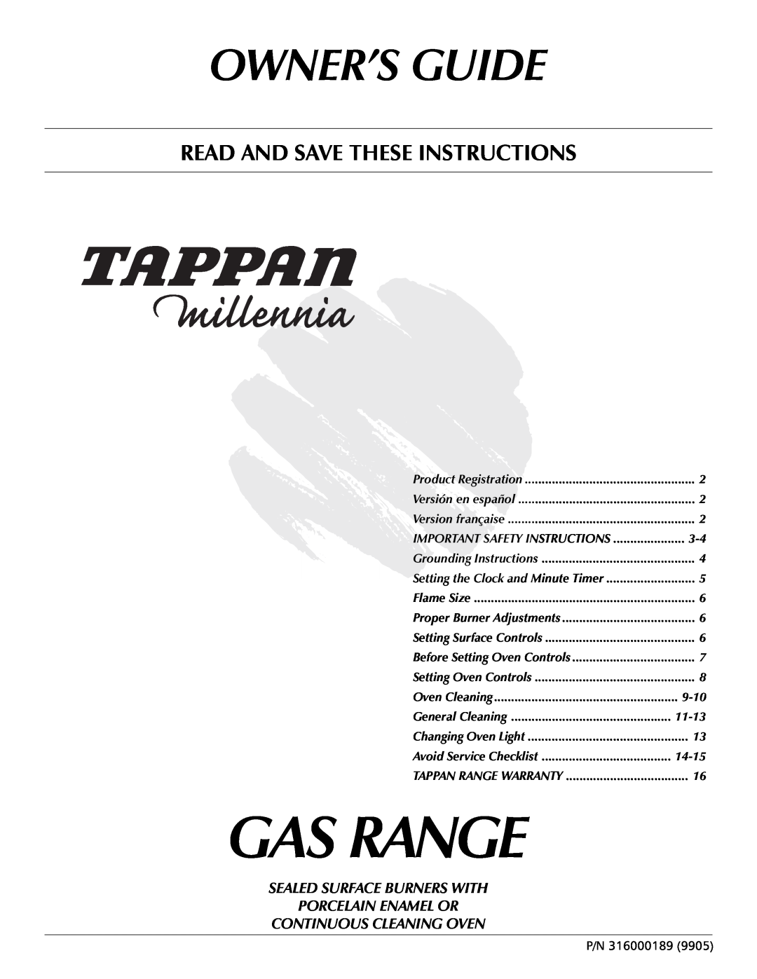 Tappan 316000189 important safety instructions Gas Range, Owner’S Guide, Read And Save These Instructions, 9-10, 11-13 