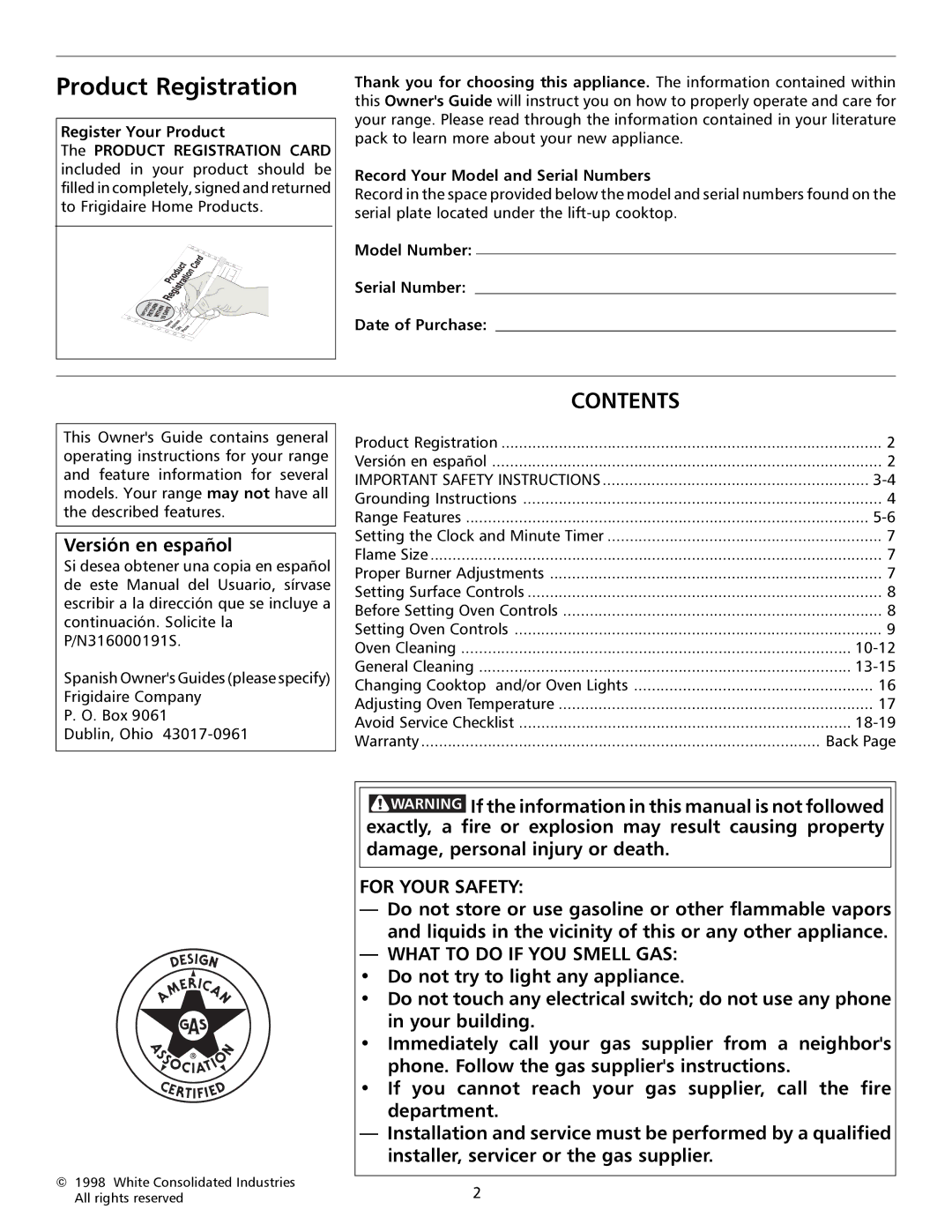 Tappan 316000191 manual Product Registration, Contents 