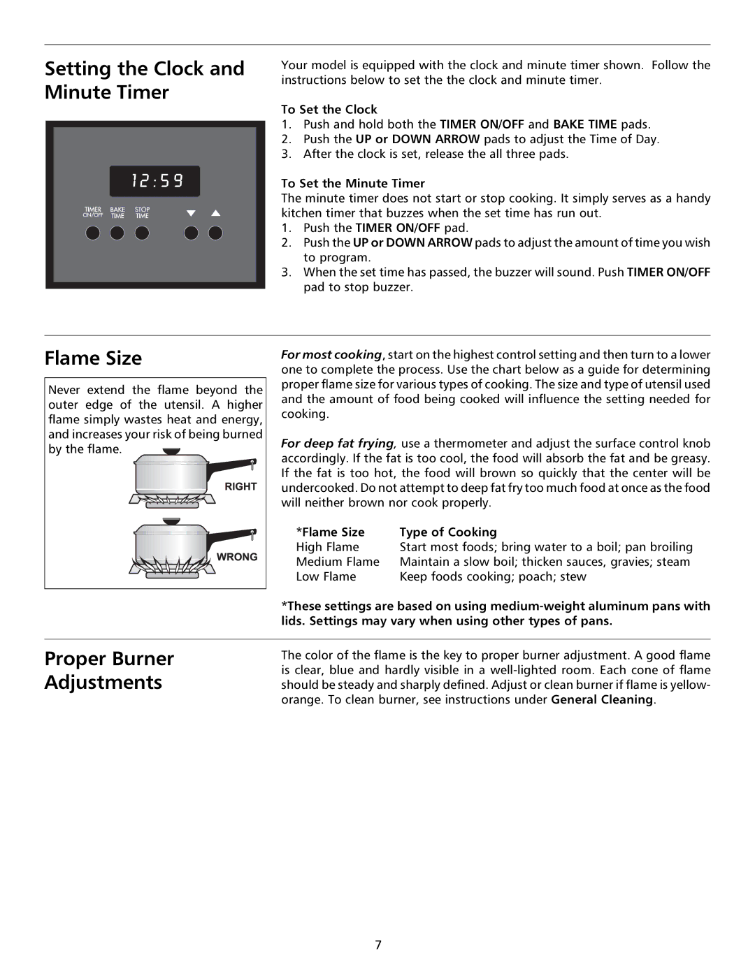 Tappan 316000191 manual Setting the Clock and Minute Timer, Flame Size, Proper Burner Adjustments 