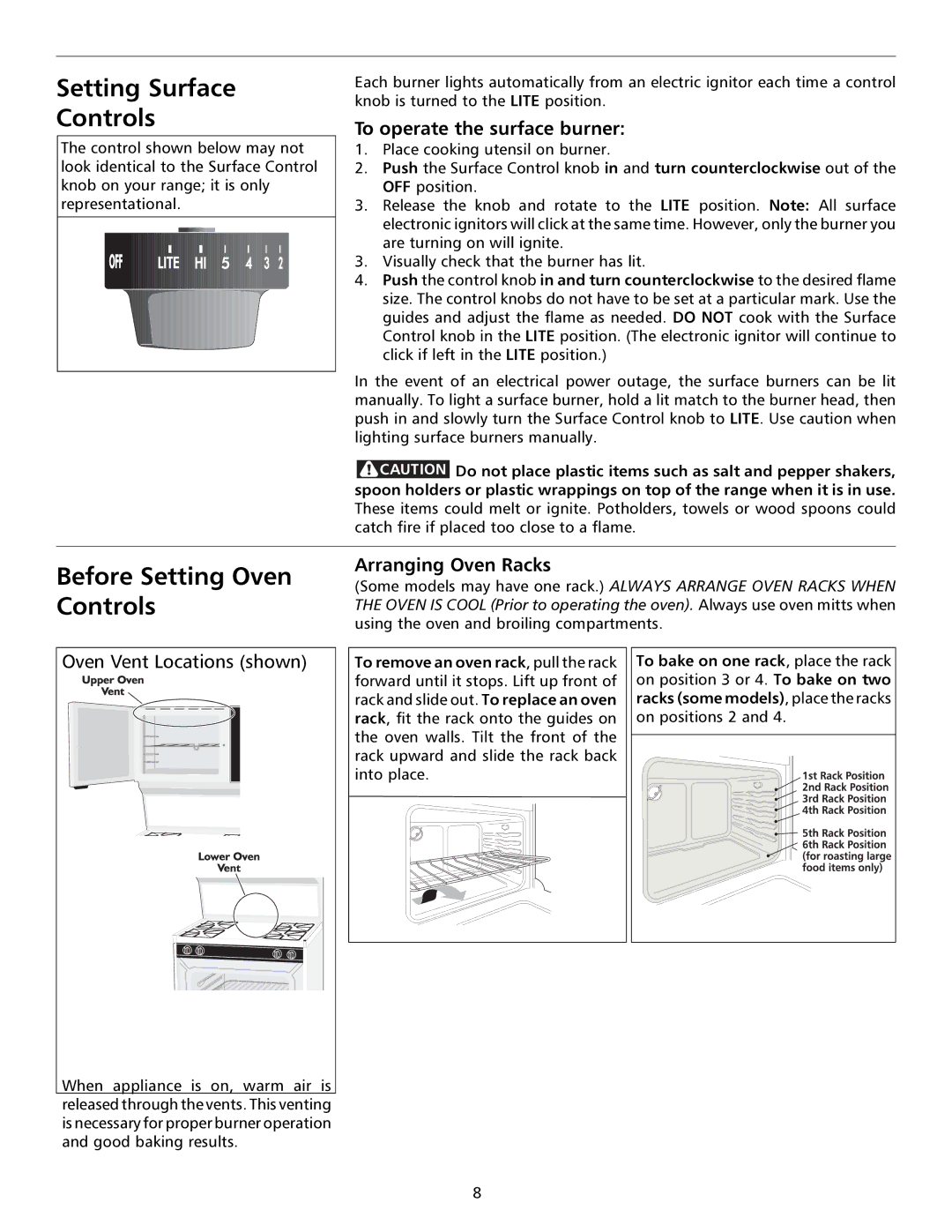 Tappan 316000191 manual Setting Surface Controls, Before Setting Oven Controls, To operate the surface burner 