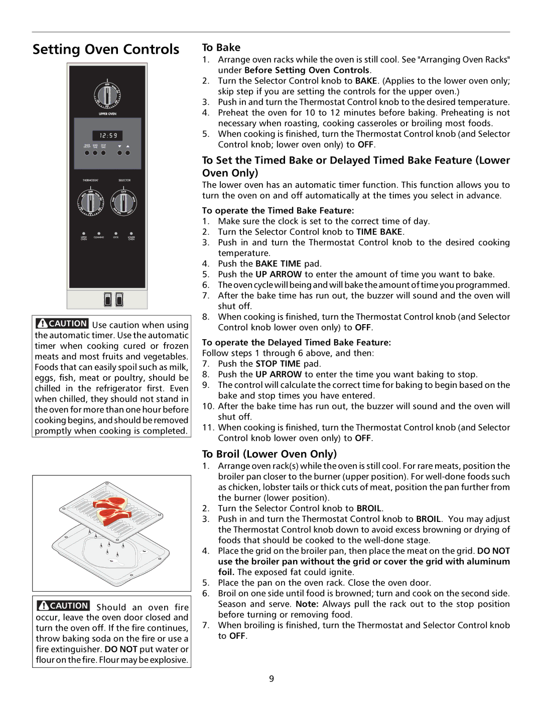 Tappan 316000191 manual Setting Oven Controls, To Bake, To Broil Lower Oven Only, To operate the Timed Bake Feature 