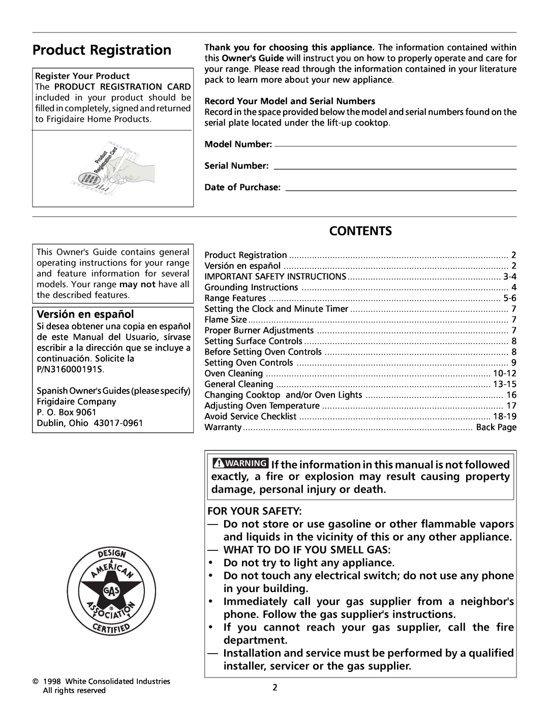 Tappan 316000191 manual Product Registration, Contents 