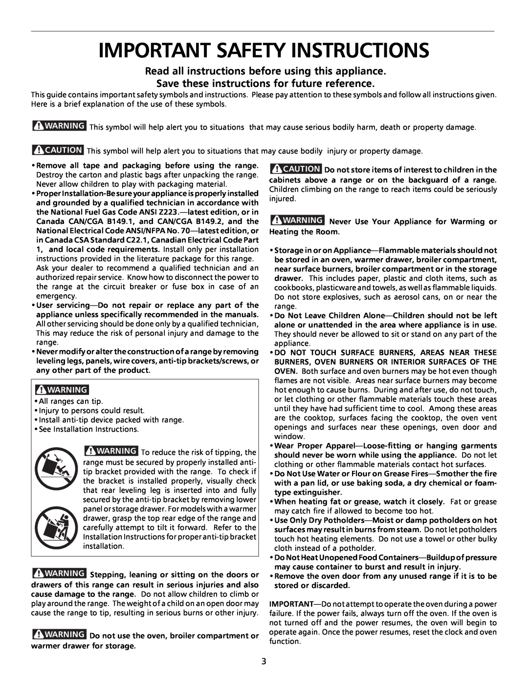 Tappan 316000191 manual Important Safety Instructions, Read all instructions before using this appliance 