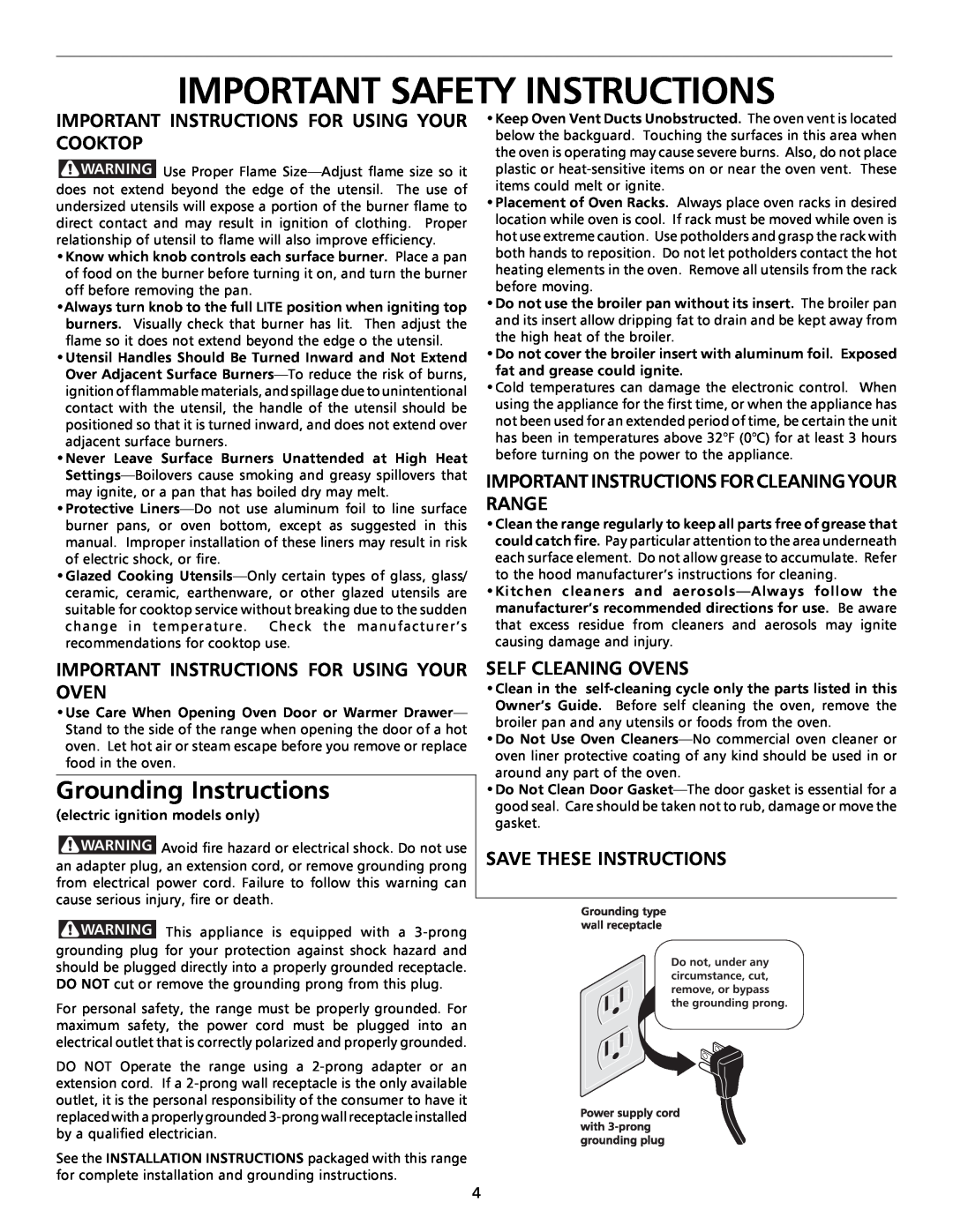 Tappan 316000191 Grounding Instructions, Important Safety Instructions, Important Instructions For Using Your Cooktop 