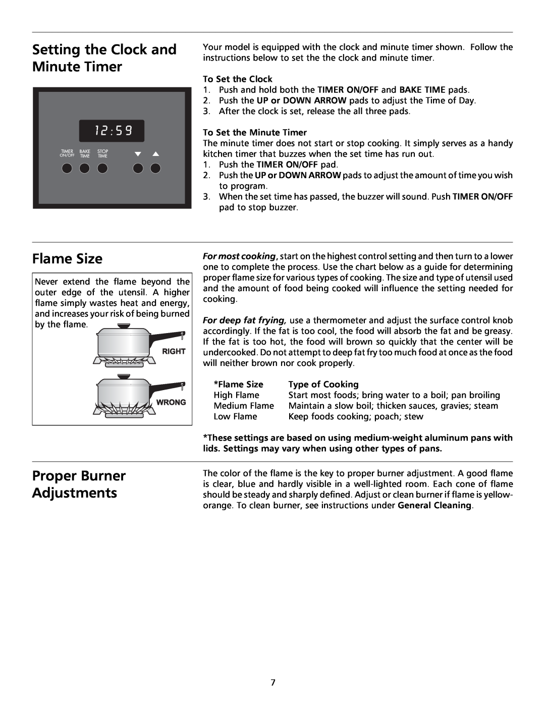 Tappan 316000191 manual Setting the Clock and Minute Timer, Flame Size, Proper Burner Adjustments, To Set the Clock 