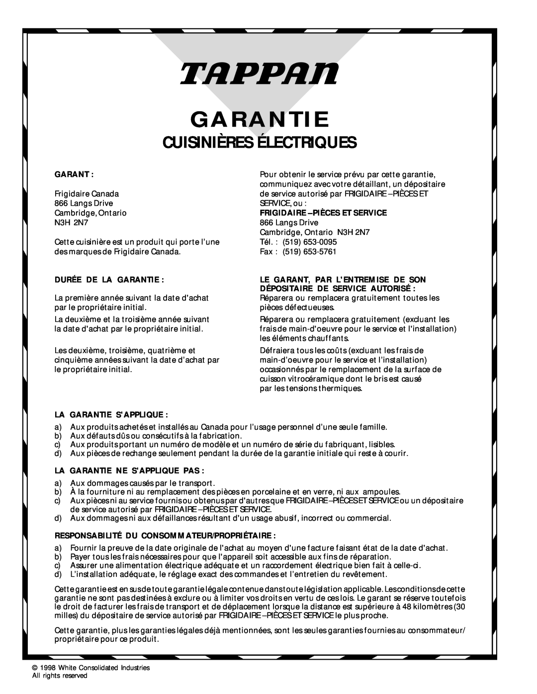 Tappan 318200409 Cuisinières Électriques, Durée De La Garantie, La Garantie Sapplique, Frigidaire - Pièces Et Service 
