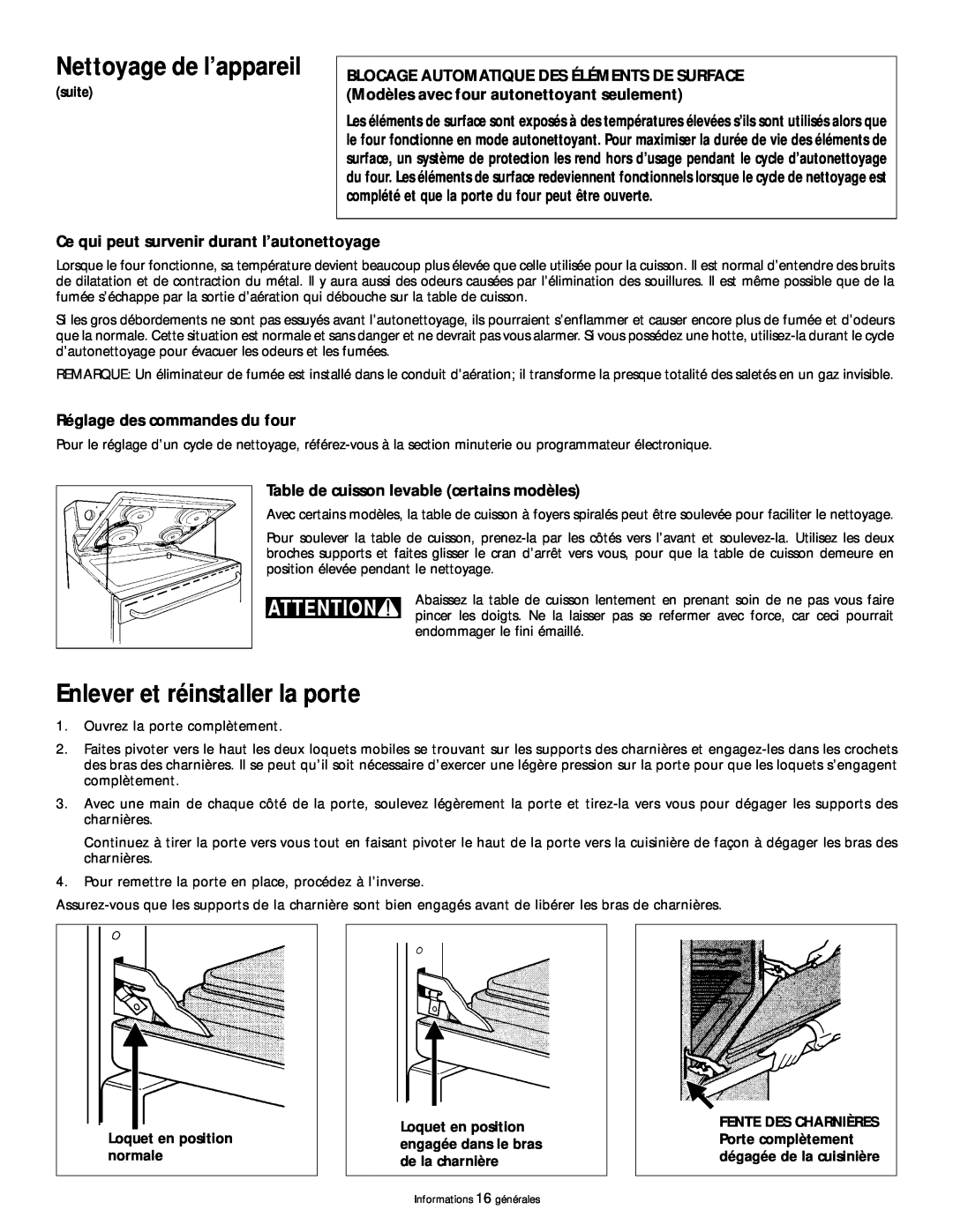 Tappan 318200409 Enlever et réinstaller la porte, Ce qui peut survenir durant l’autonettoyage, Nettoyage de l’appareil 