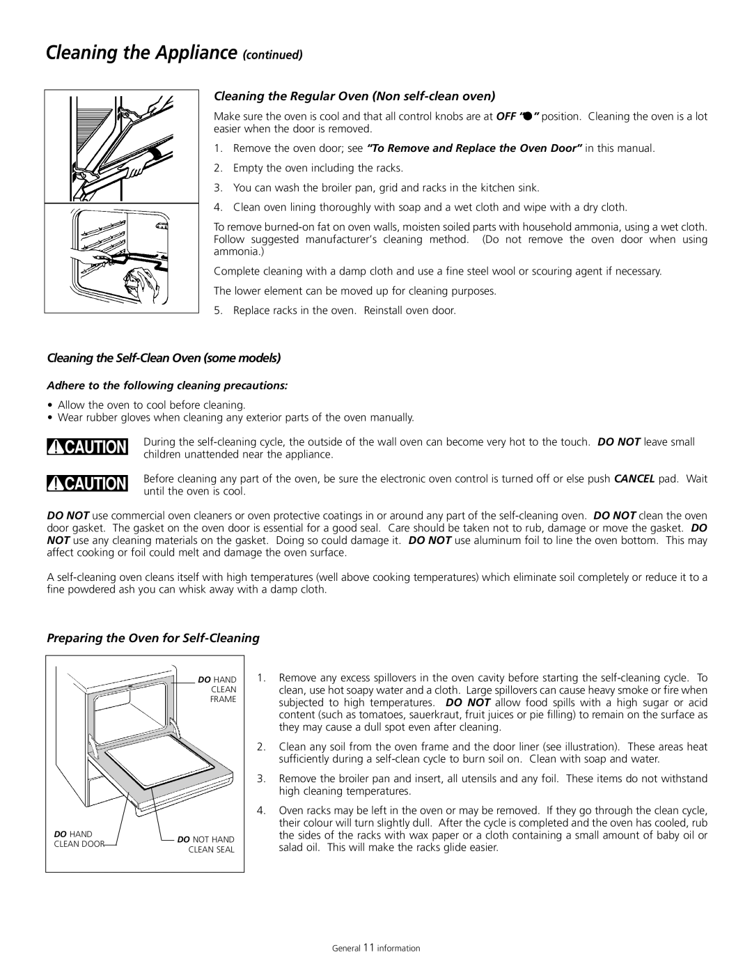 Tappan 318200505 manual Cleaning the Regular Oven Non self-clean oven, Cleaning the Self-Clean Oven some models 