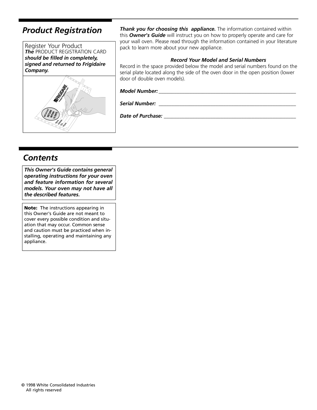 Tappan 318200505 manual Product Registration, Contents 