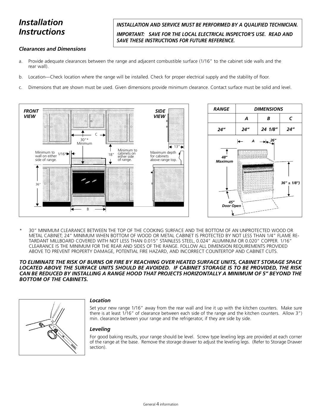 Tappan 318200505 manual Installation Instructions, Clearances and Dimensions, Location, Leveling 