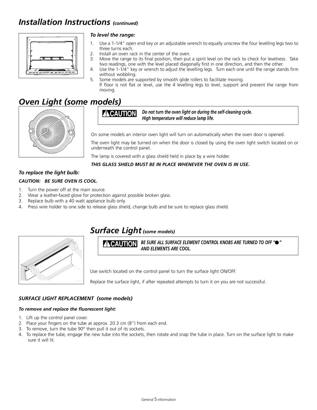 Tappan 318200505 manual Oven Light some models, Surface Light some models, To level the range, To replace the light bulb 