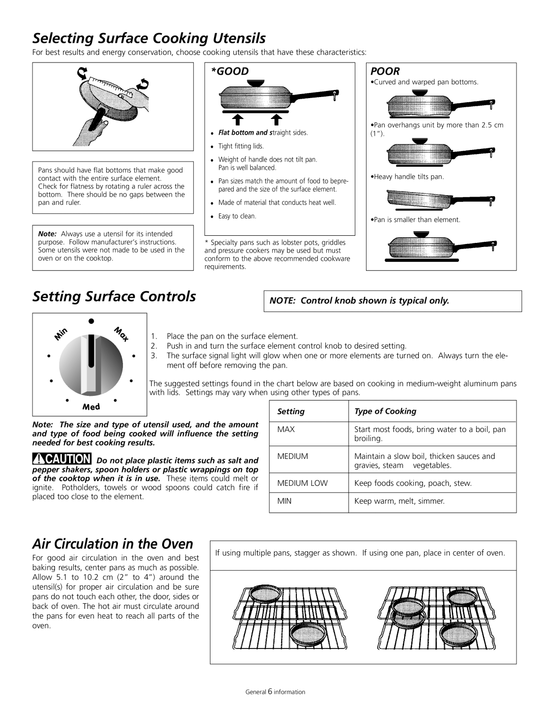 Tappan 318200505 Selecting Surface Cooking Utensils, Setting Surface Controls, Air Circulation in the Oven, Good, Poor 