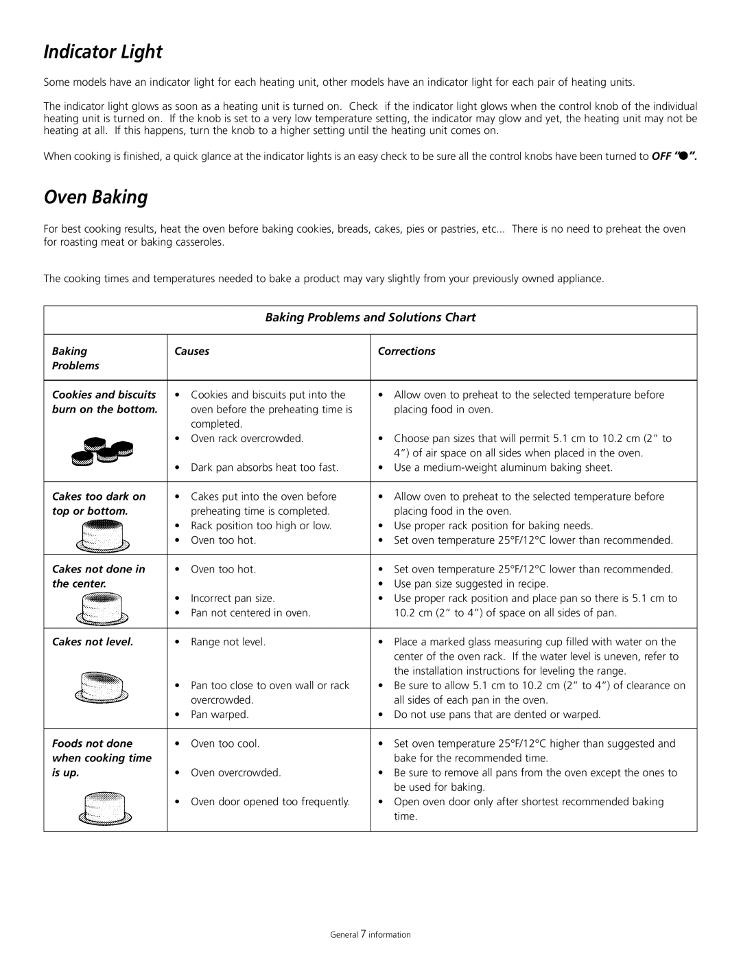 Tappan 318200505 manual Indicator Light, Oven Baking, Baking Problems and Solutions Chart 