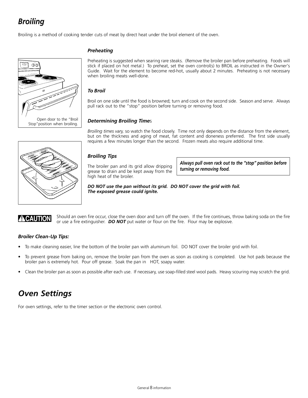 Tappan 318200505 Oven Settings, Preheating, To Broil, Determining Broiling Times, Broiling Tips, Broiler Clean-UpTips 